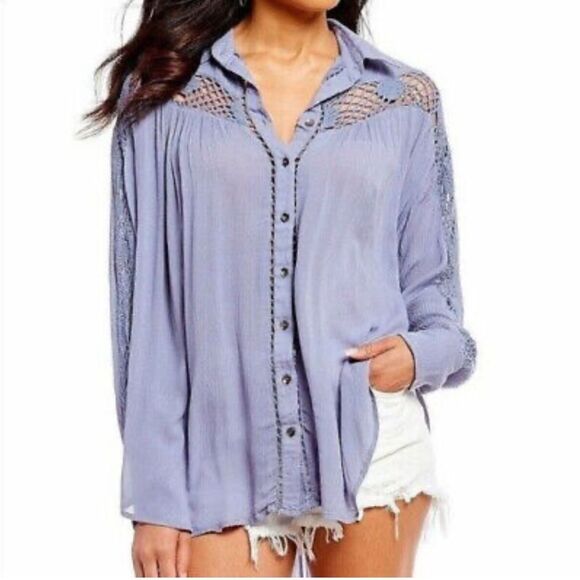 Free People Shirt Katie Bird Crochet Long Sleeve Button Up Periwinkle Blue Small - Picture 1 of 14